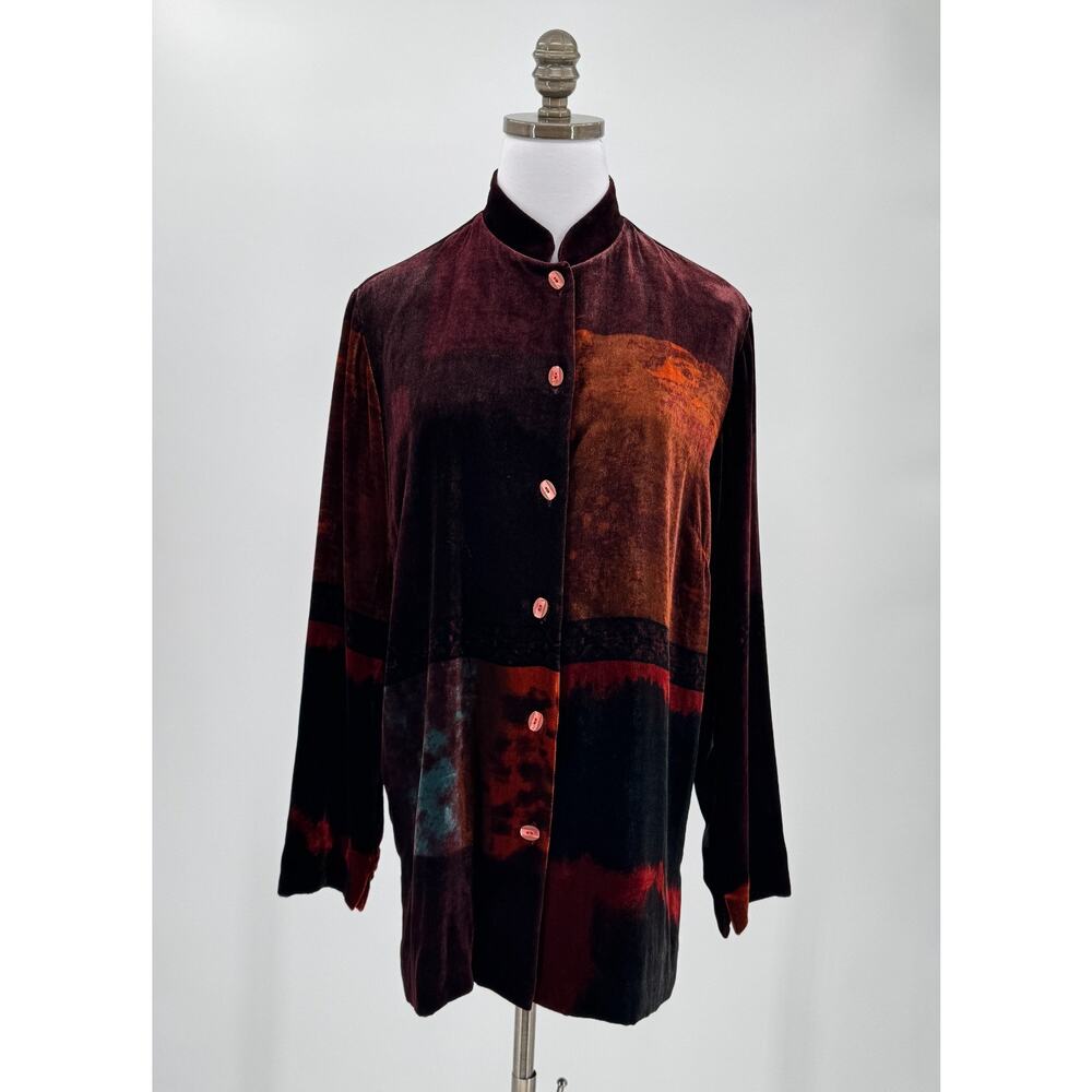 Harari Burgundy Red Abstract Print Velvet Mandarin Collar Button Tunic Top Sz S